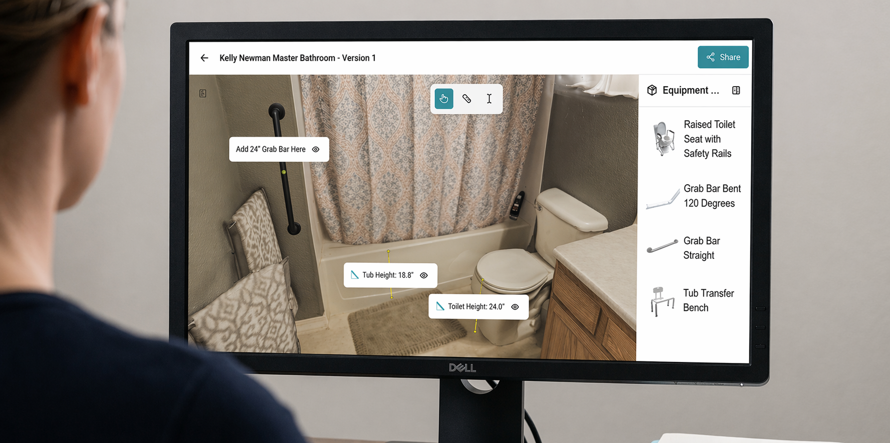 Assessor annotating an OmaScan 3D model and placing equipment from the desk