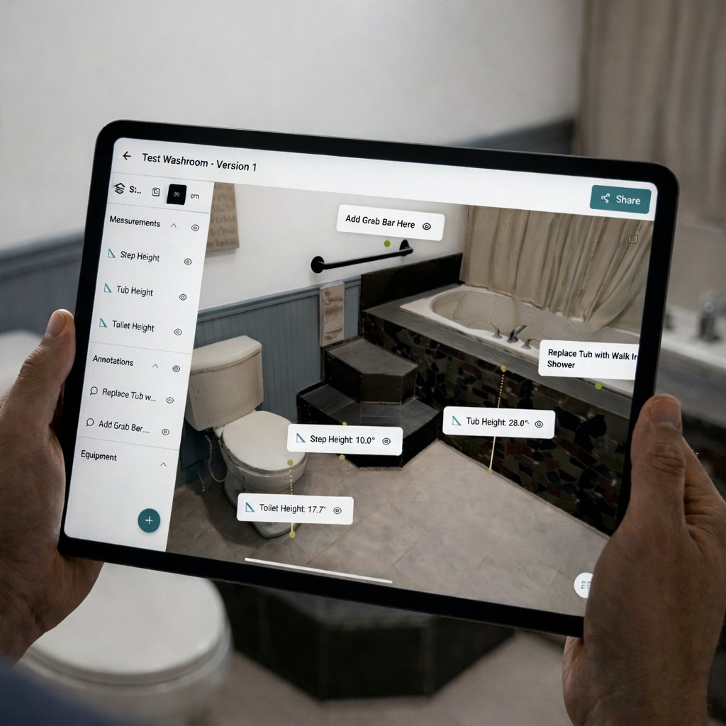 Assessor using OmaScan in a bathroom during a home modification assessment