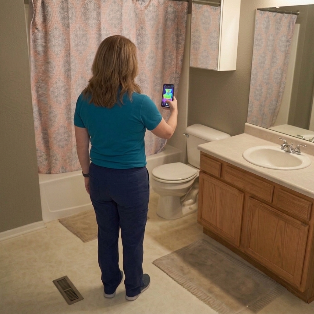 Assessor scanning a bathroom with OmaScan on iPad