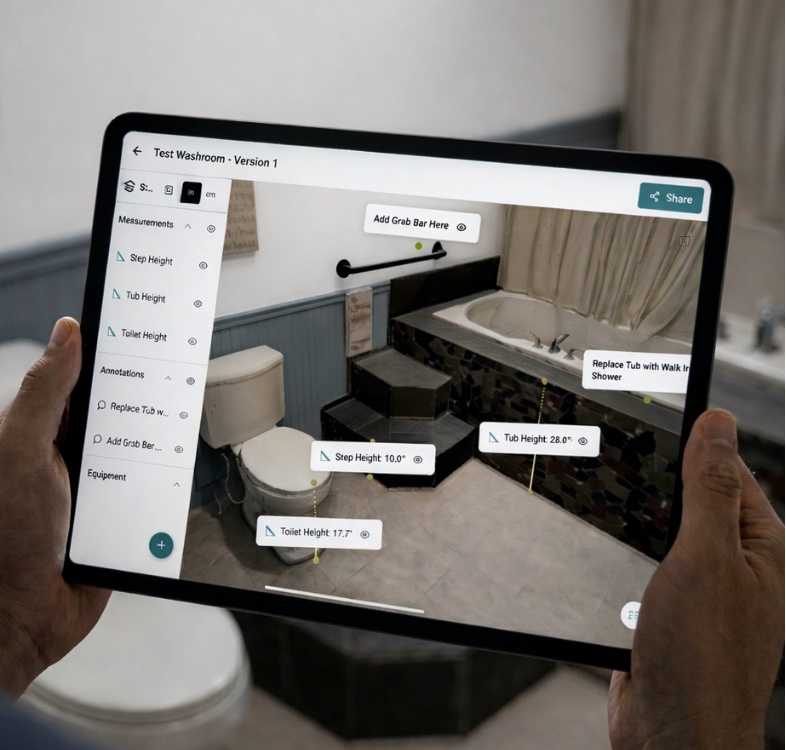 OmaScan AI on an iPad: a scanned bathroom with measurements and a grab bar placed